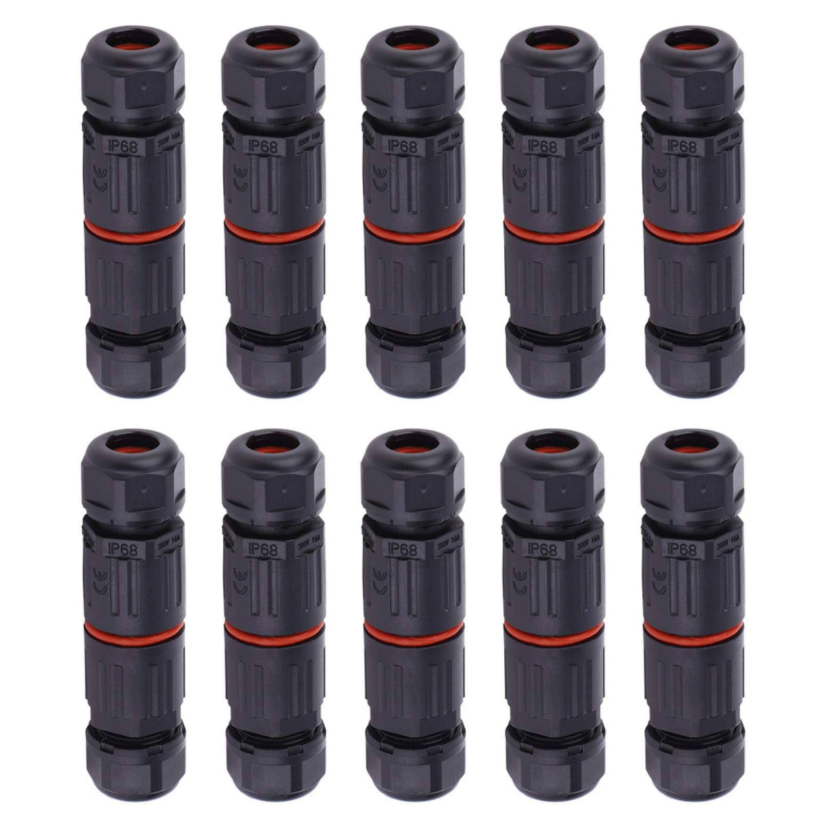 Zunate IP68 Waterproof 3Pin Electrical Wire Connector, 10PCS Black, Copper & Nylon, No-Screw, Compact, Flame Retardant, 0.5mm²~2.0mm², 300V, 16A, IEC 60529