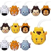 Hoolerry 12 Sets Zoo Animal Cups with Straws and Lids, 10 oz Plastic Reusable Safari Jungle Animal Theme Kids Cups for Safari Birthday Party Supplies