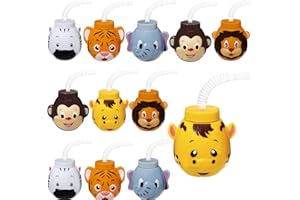 Hoolerry 12 Sets Zoo Animal Cups with Straws and Lids, 10 oz Plastic Reusable Safari Jungle Animal Theme Kids Cups for Safari Birthday Party Supplies