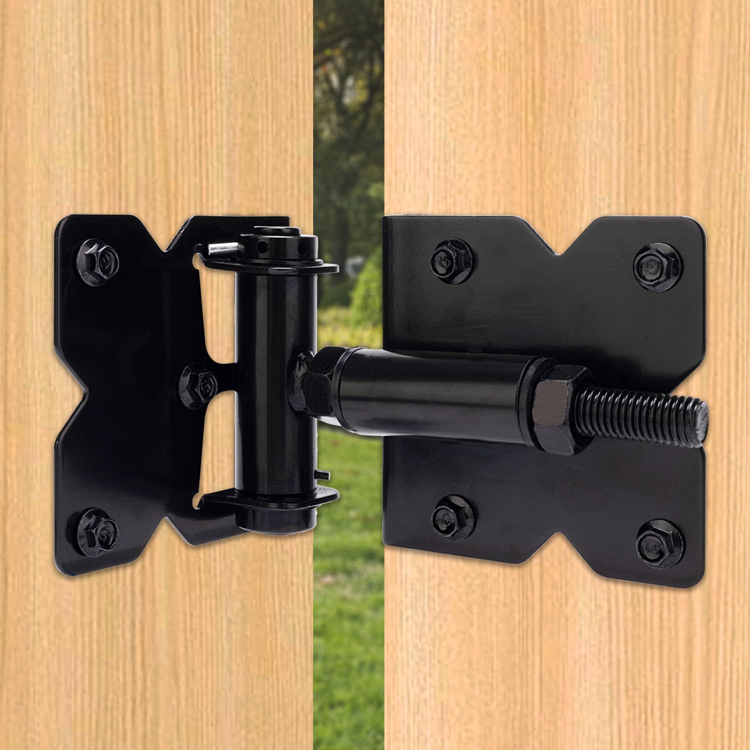 Photo 1 of Heavy Duty Self Closing Gate Hinges for Wooden Fences Gates, 90 Degree Adjustable Gate Door Hinges Hardware Kit for Fence Gate, Vinyl gate, Pool gate and Outdoor Gates, 2 Pack, Black Finish