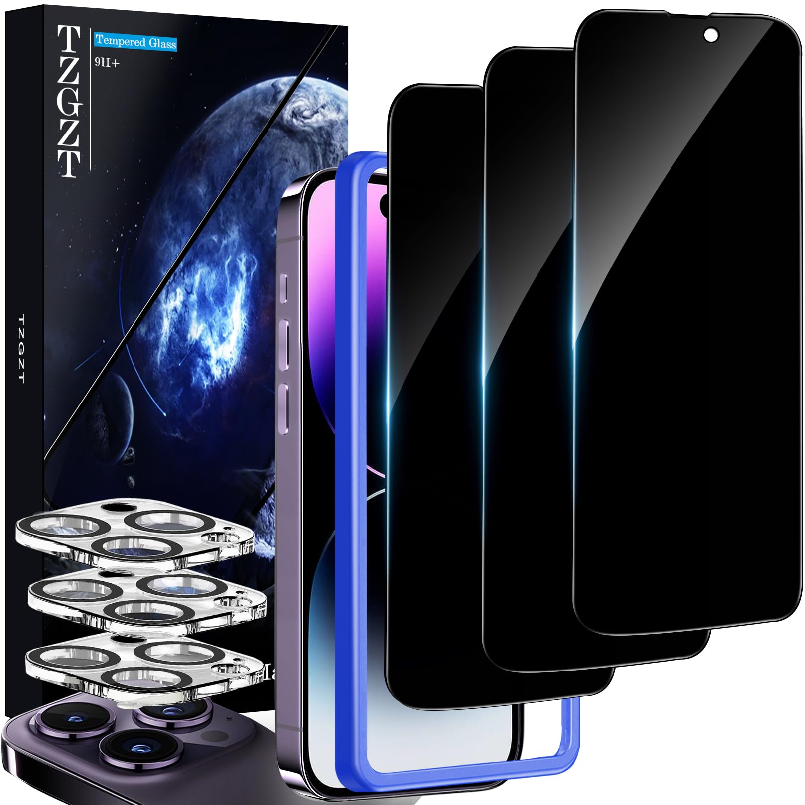 TZGZT [True 25° Peep-Proof] 3 Pack for iPhone 14 Pro Max Privacy Screen Protector, 3 Pack Camera Lens Protector Accessories, Tempered Glass Anti Spy Private Film Case Friendly, with Alignment Frame