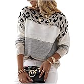 ZIIFULLHOU Women's Long Sleeve Color Block Crewneck Leopard Print Knitted Loose Pullover Sweaters