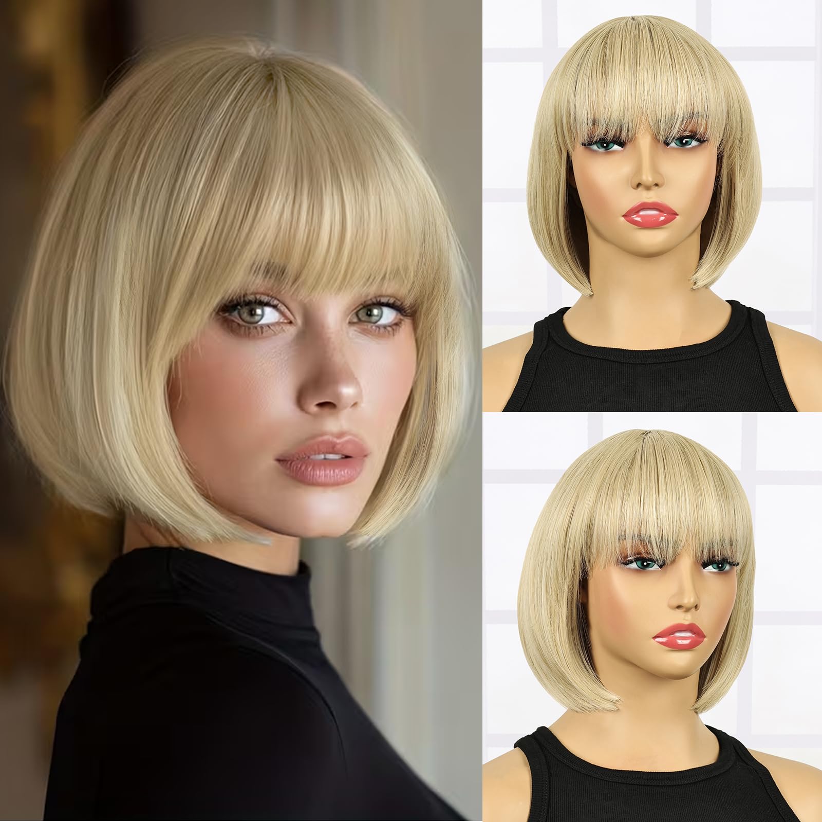 Creamily Short Bob Blonde Wig with Bangs, Colorful Wig for Halloween Daily Cosplay & Party Use, Natural Hair Straight Synthetic Cosplay Party Wigs for Women 10 Inches โ image 1