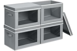 Homsorout Storage Bins with Lids - Fabric Closet Storage Bins with Window, Collapsible Baskets for Shelves 4 Pack, Home Decorative Boxes for Clothes, Closet, Office, Grey