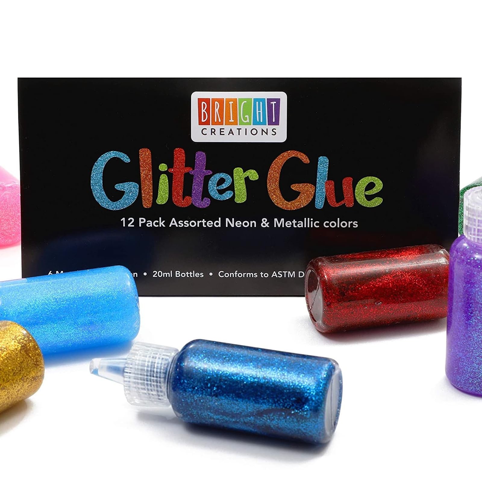 Bright Creations Glitter Glue for Crafts - 12-Pack Easy-Squeeze 20 ml Bottles - Neon Metallic Colors & Washable Easy Clean-Up