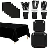 Oeeuyasn 129 PCS Black Disposable Dinnerware Set for 16 People, Party Supplies with 7"/9"Paper Plates, Cups, Napkins, Plastic Forks, Knives,Tablecloth for Wedding Birthday, Graduation, Festivals