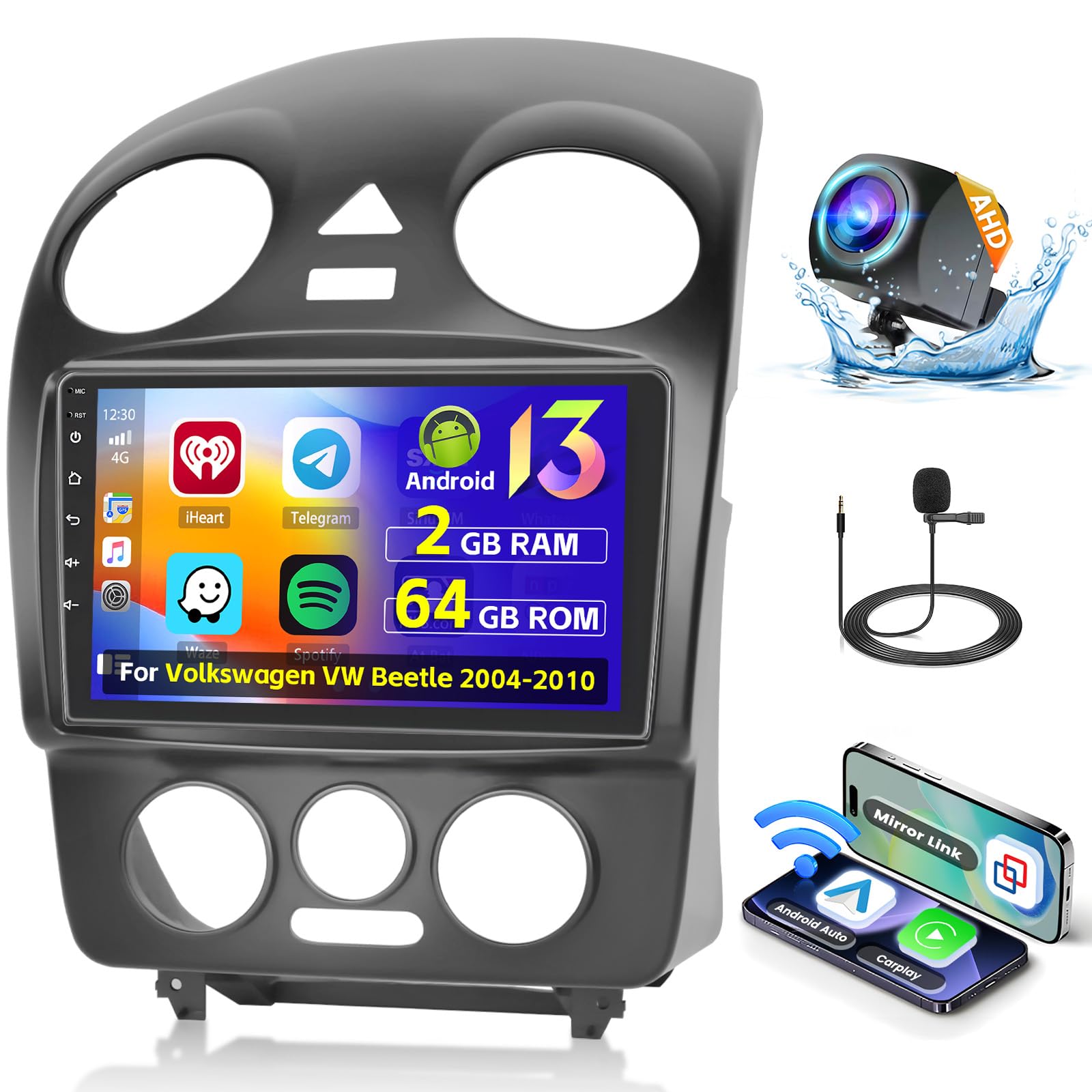 Photo 1 of [2+64G] Hikity Android 15 Car Stereo for Volkswagen VW Beetle 2004 2005 2006 2007 2008 2009 2010, Wireless CarPlay Android Auto, 9'' Touch Screen Car Radio GPS WiFi Bluetooth SWC Backup Cam