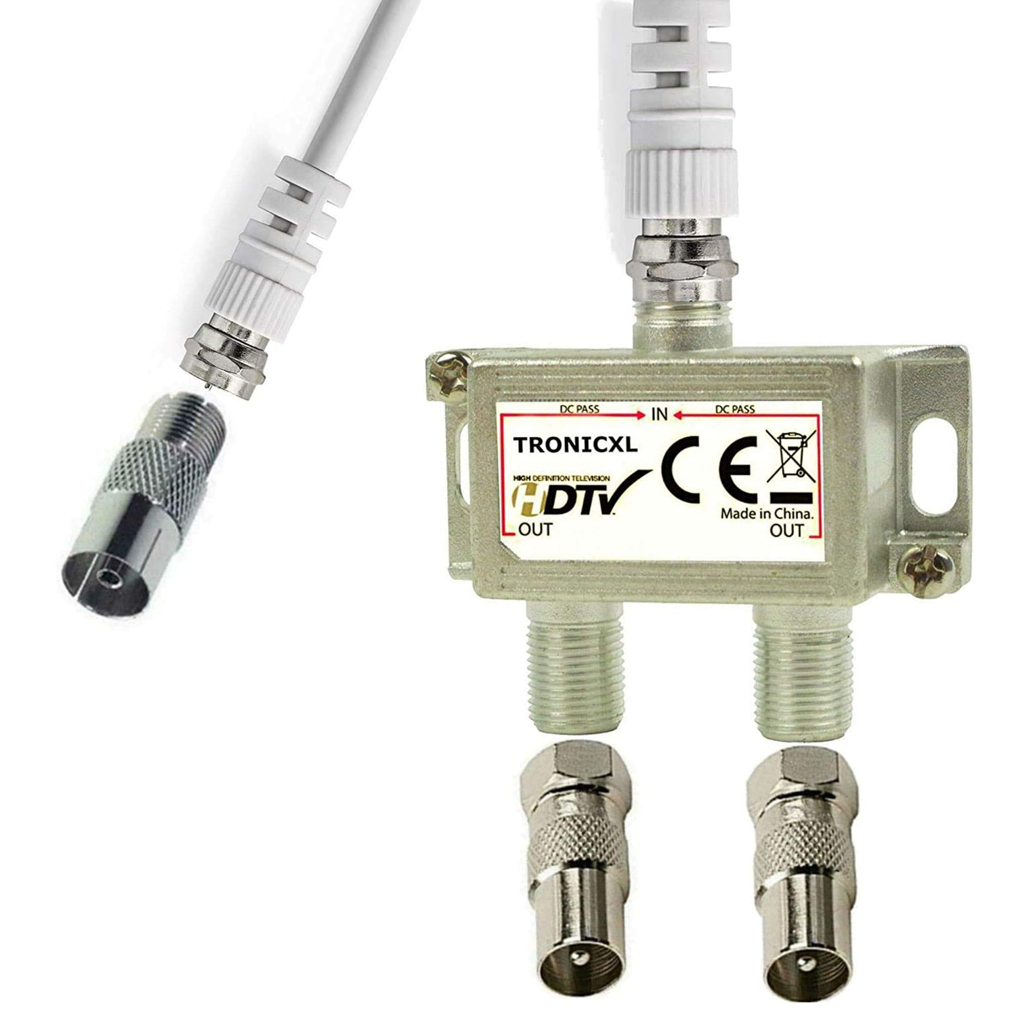 TronicXL 2 Way IEC Distributor Antenna Distributor Cable + Adaptor Cable TV DVB-T2 DVBC Coax for Soft F Socket Cable Adaptor Virgin Media Aerial Freeview Freesat Sky BOX Satellites DC Pass 3D 4K HD