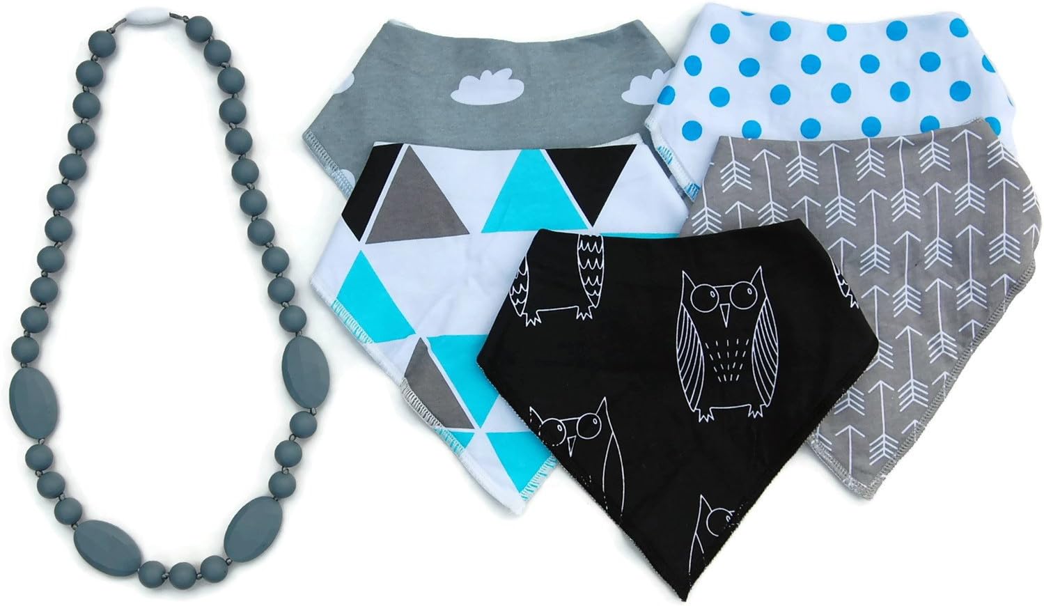 Boys Bandana Bibs 5-Pack & Silicone Teething Necklace Set by The Spunky Baby