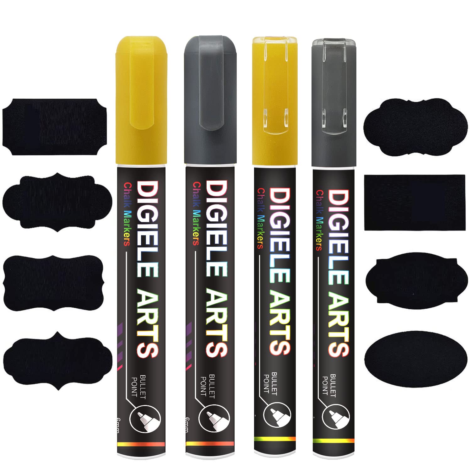 Liquid Chalk Marker Pens Gold + Silver, DIGIELE 2pcs 3mm Chalk Pens + 2pcs 6mm Chalk Markers, Dry or Wet Wipe Erase, Thin & Medium Reversible Bullet or Chisel Tip, 4 Pens + 16 Chalkboard Labels Packed