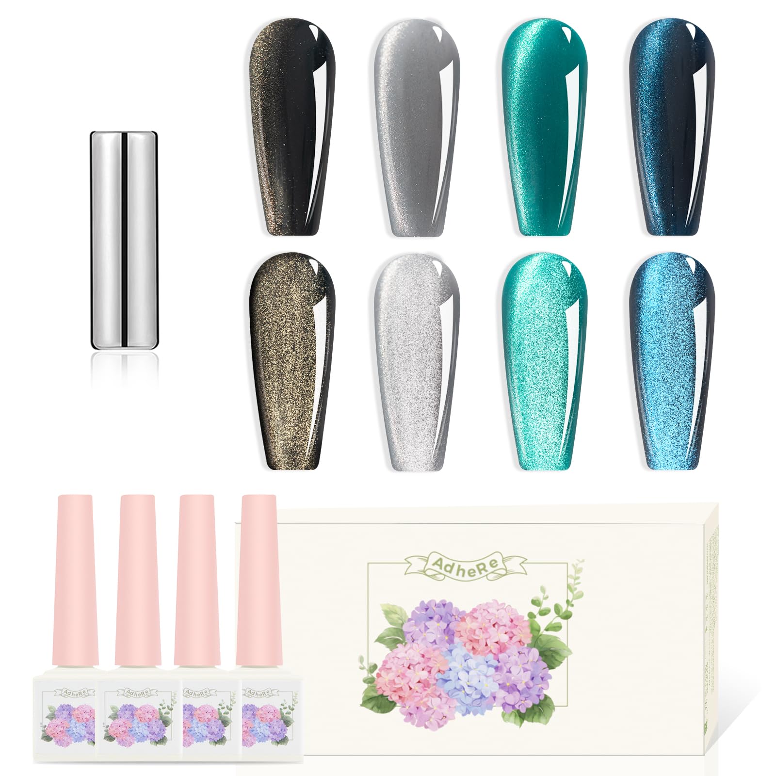 Photo 1 of ADHERE 12ML Cat Eye Gel Nail Polish Set, 4 Colors Holographic Glitter Cat Eye Gel Polish with Magnet UV LED Magnetic Gel Nail Polish Home DIY Manicure Nail Salon Kit