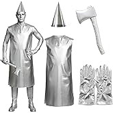 Berlune 4 Pcs Halloween Tin Costume for Adult Dress Gloves Hat and Axe Costume Cosplay Silver Metallic