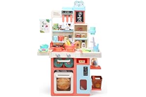 HOLYFUN Kids Kitchen Playset, Kitchen Set for Toddler with Sound and Light, Cooking Stove with Steam, Play Sink and Toy Kitchen Accessories, Pretend Kitchen Toys for Kids Girls Boys, Pink