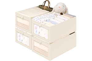 Criusia Closet Organizers and Storage, 4 Pack Linen Closet Baskets with Mesh Window for Organization, Foldable Closet Organizer for Clothing, Towels, Toys, Nursery, Books, Shelves, Beige