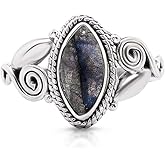 Koral Jewelry Labradorite Vintage Gipsy Spiral Side Small Ring 925 Sterling Silver Boho Chic US Size 5 6 7 8 9 (9)