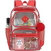 Lroiutian Heavy Duty Clear Backpack for Girls Boys Transparent School Bookbag Kids Durable PVC See Through Backpack-Red