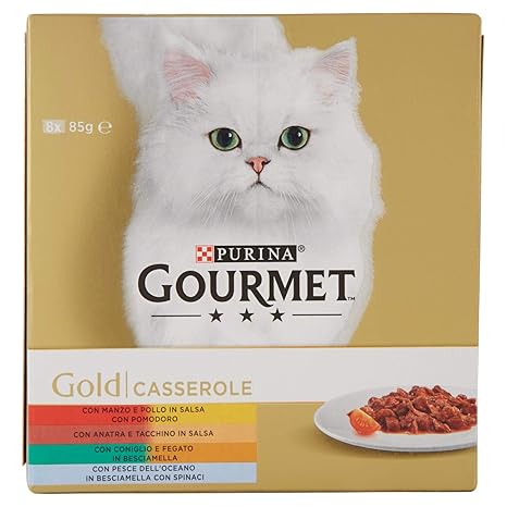 Purina Gourmet Gold Umido Gatto Casserole Con Manzo E Pollo Anatra E Tacchino Coniglio E Fegato Pesce Delloceano 8 Lattine Da 85g Ciascuna