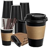 RACETOP 12 oz Paper Coffee Cups,100 Pack Black Disposable Coffee Cups with Lids, Sleeves and Stirring Sticks, 12 oz Hot Coffee Cup for Hot Drinks, Parties, Picnic, Travel, and Events