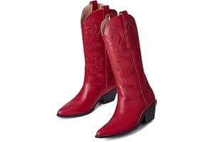 CYNLLIO Black Cowgirl Boots for Women Chunky Heels Mid Calf Cowboy Boots Retro Embroidered Pull on Western Country Music Boots