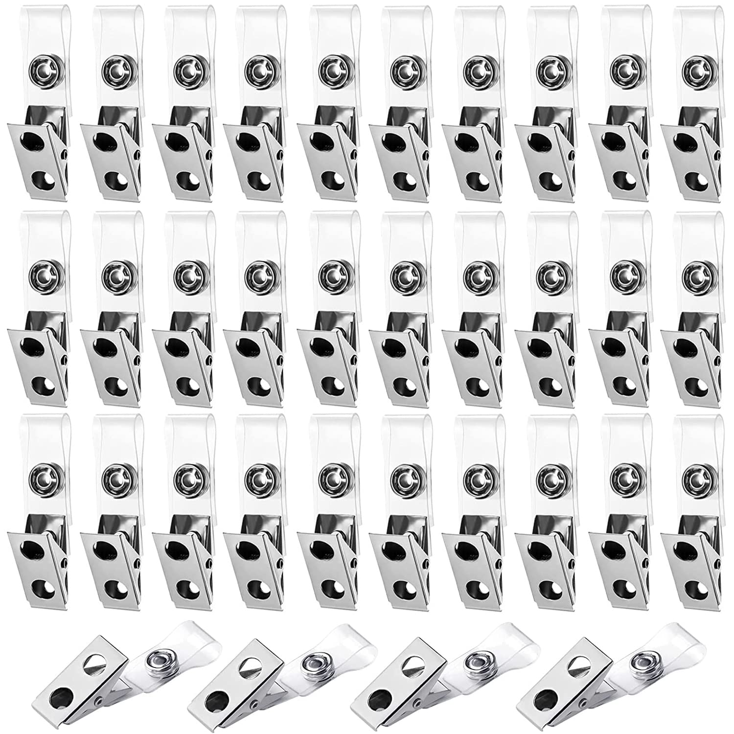 Newsbirds 200PCS Metal ID Badge Clips with Clear PVC Straps, Double Hole, Name Tag Clips for ID Cards and Badge Holders, Office School Supplies