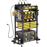 VEVOR 4-Tier Tool Organizer Cart with Charging Station, 8 AC Outlet, Floor Stand Rolling Drill Holder and Tool Battery Storage Rack on Wheels, Garage Floor Rolling Storage Cart for Workshop, Garage