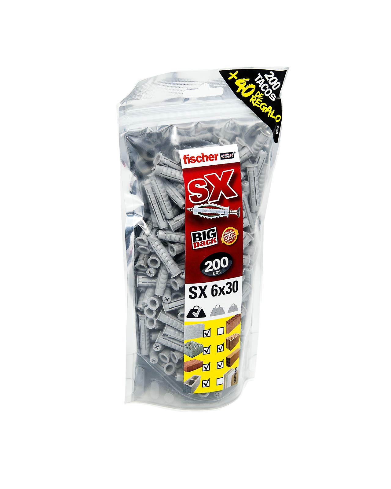 Fischer Big Pack 6X30-200 / (Bolsa de Uds), Taco SX 6x30-(Bag of 200 40 pcs. ), 519332, Grey