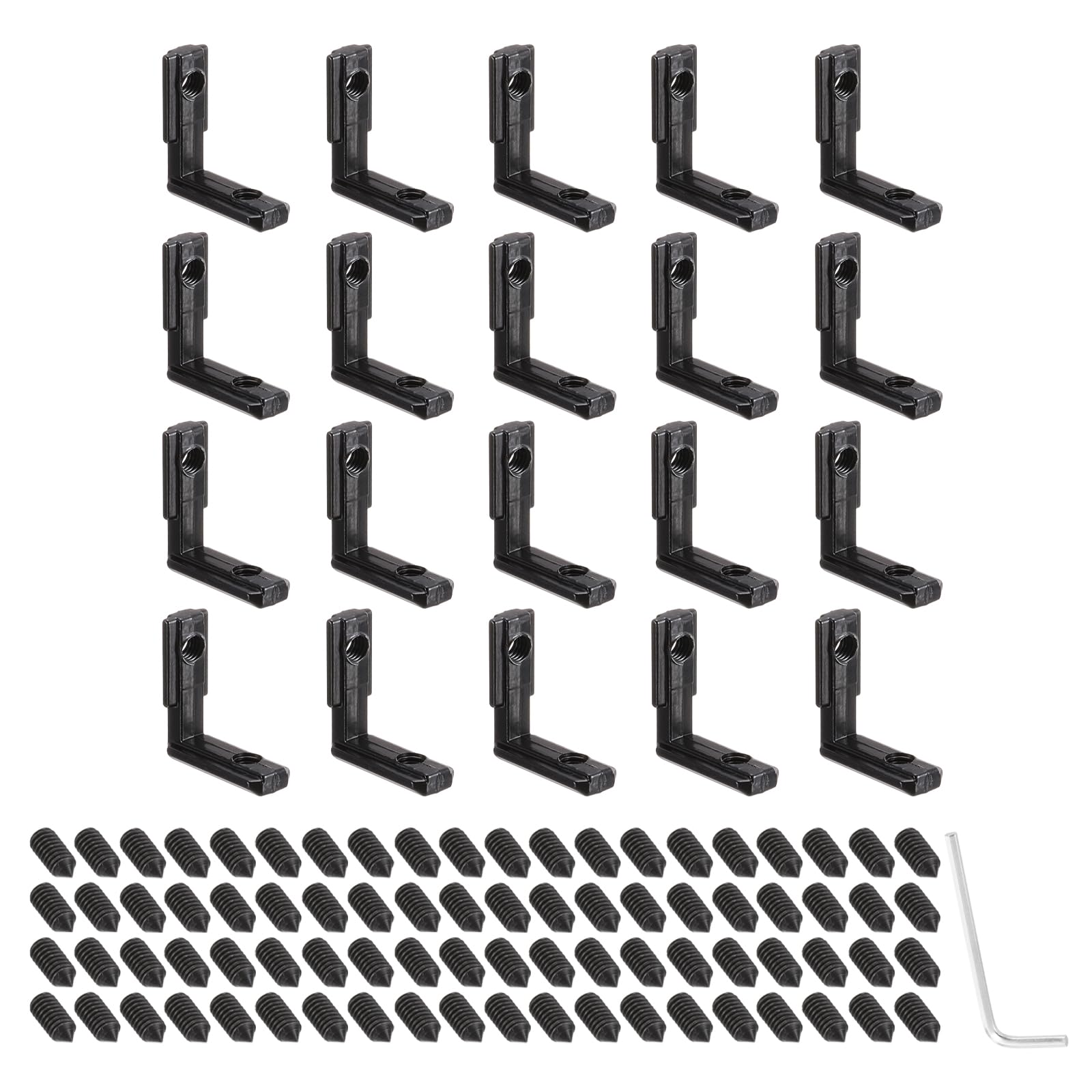 PATIKIL 2020 Series Aluminum Extrusion Connector Bracket,20Pcs L-Shape Inside Corner Connector Bracket Joint with Screw/Wrench for 6mm T/V Slot Rail Profiles Accessories, Black