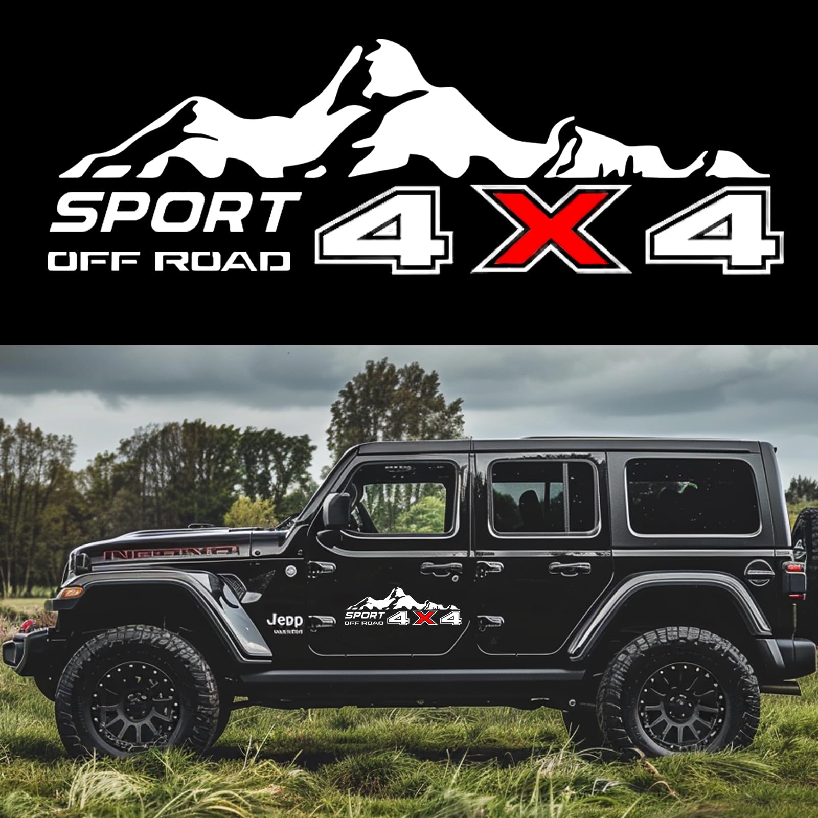 Photo 1 of 4X4 Off Road Sport with Mountain Pattern Decal Stickers 2Pcs, Vehicle Decor Accessories Compatible with Tacoma Tundra F150 RAM Wrangler Truck Pickup Bed Side, with Squeegee 1Pcs, White and Red