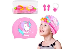 AuSletie Kids Swim Caps for Girls, Silicone Waterproof Swimming Cap for Kids, Durable Comfortable Swimming Caps for Girls, Fi