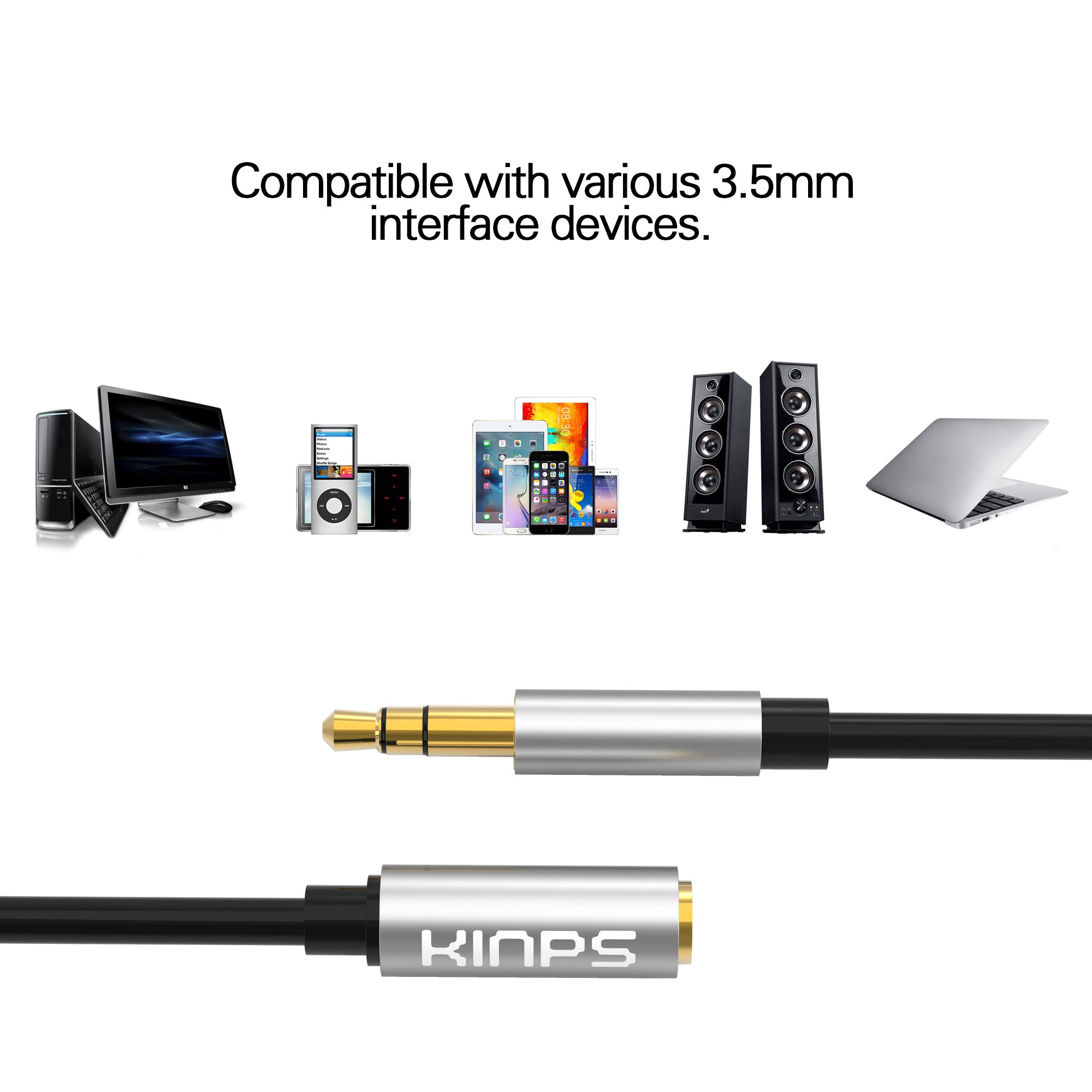 Kinps 5M Audio Auxiliary Stereo Extension Cable 3.5mm Male to Female, Stereo Jack Cord for Phones, Headphones, Speakers, Tablets, PCs, MP3 Players and More (16.6ft/5m, Black)