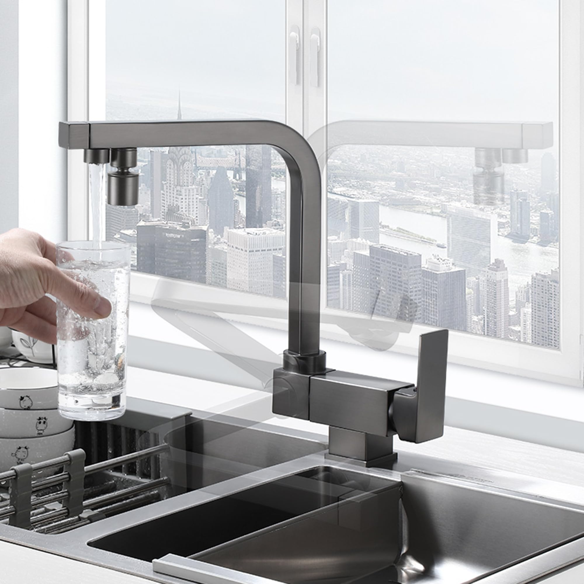 3 Way Kitchen Taps Sink Mixer Tap Drinking Purifier Water Tap Foldable Kitchen Hot and Cold Water Tap Brass 360 Degree Swivel Spout (Grey)