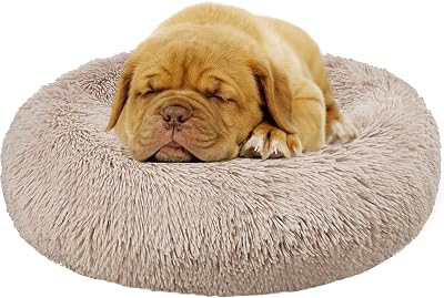 Enjamoy Plush Donut Dog Bed 60cm Calming Round Pet Bed Soft Fluffy Brown