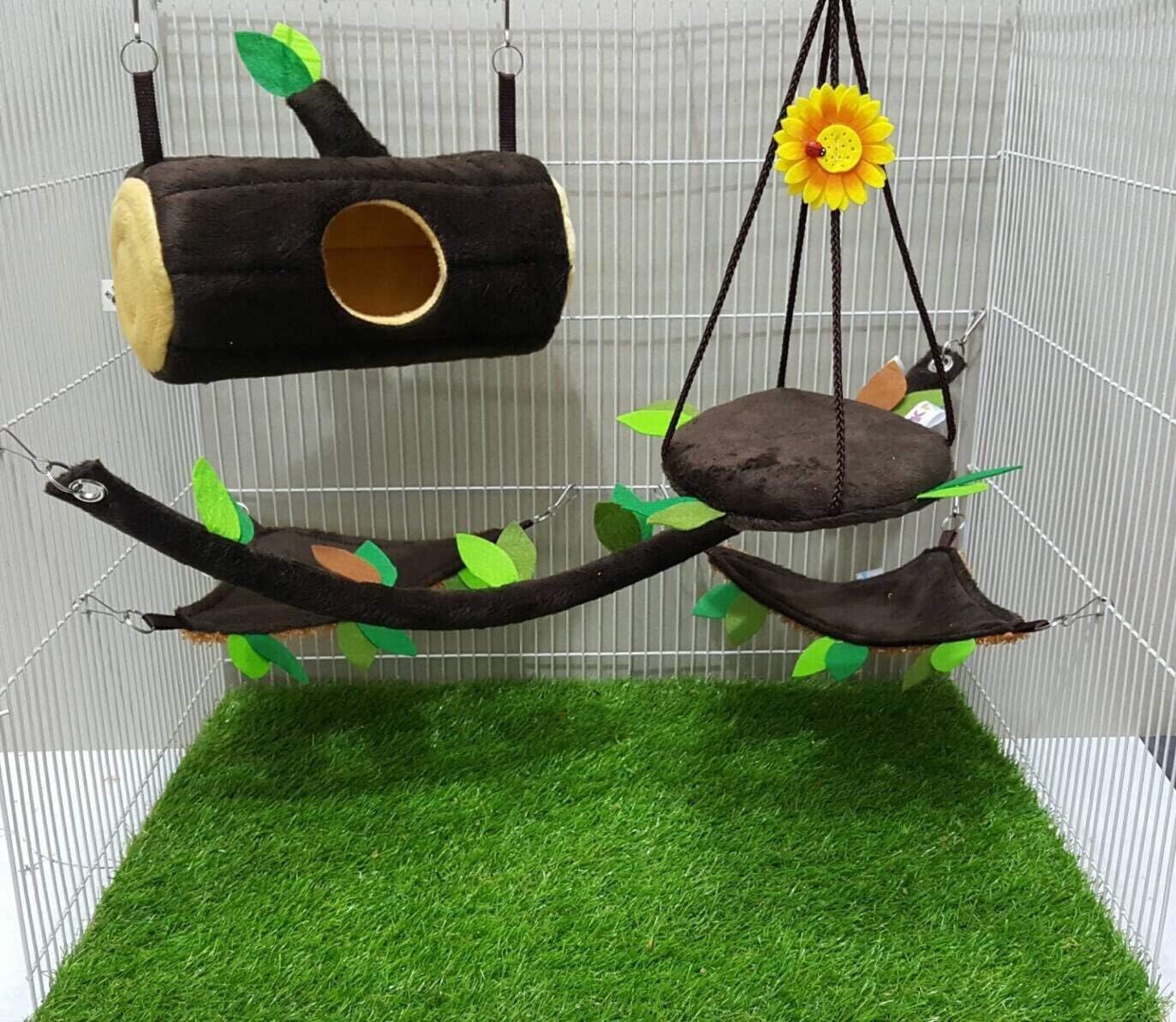 5 Pieces/Set Cage Nest Set for Sugar Glider, Hamster, Squirrel, Marmoset, Chinchillas, Small Exotic Pet Timber with Holes Pattern Dark Brown Color