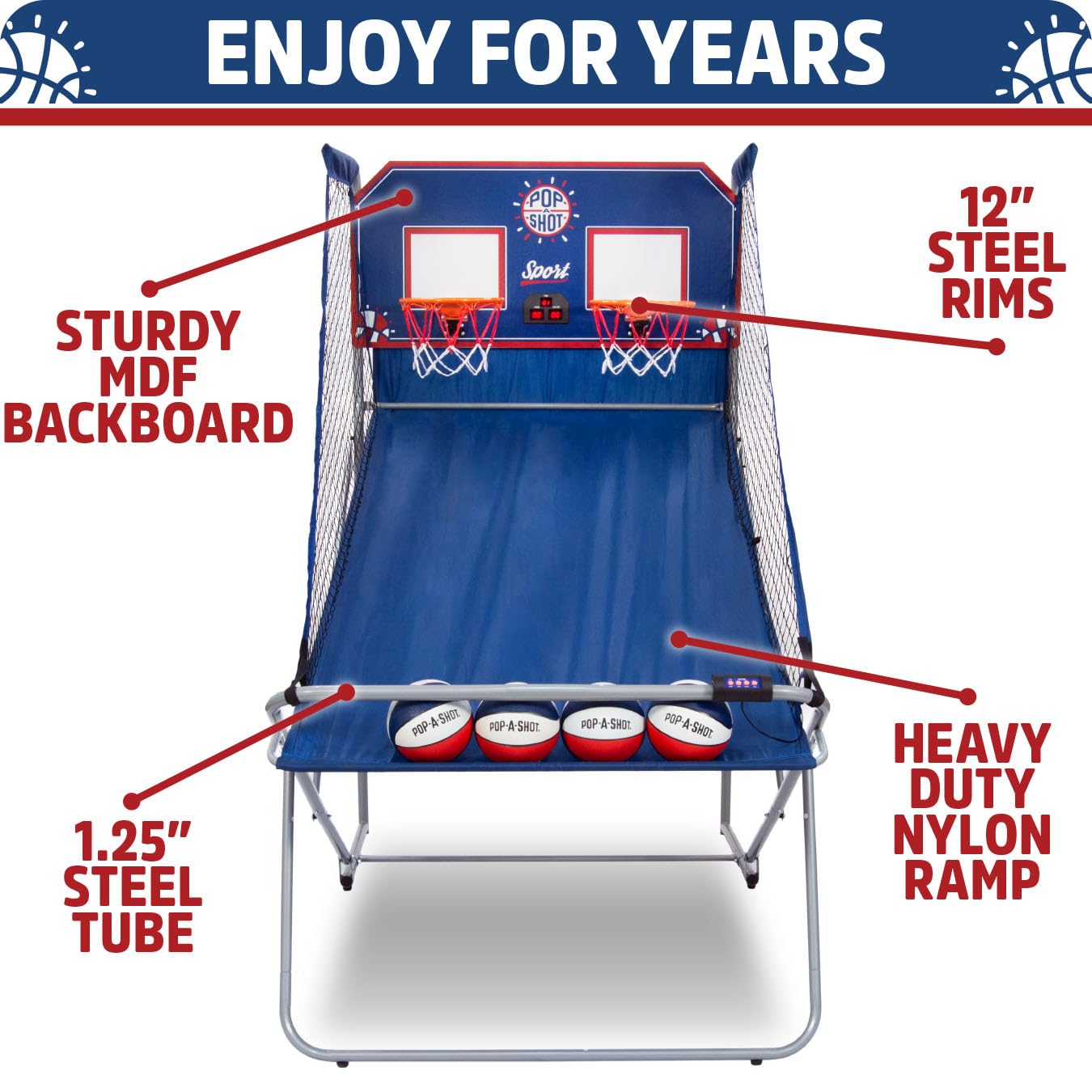 Pop-A-Shot - Dual Shot Sport | Arcade Basketball Game for Home | Paddle Scoring Hoop, 10 Game Modes, 4 Balls | Foldable for Easy Storage | Fun for All Players