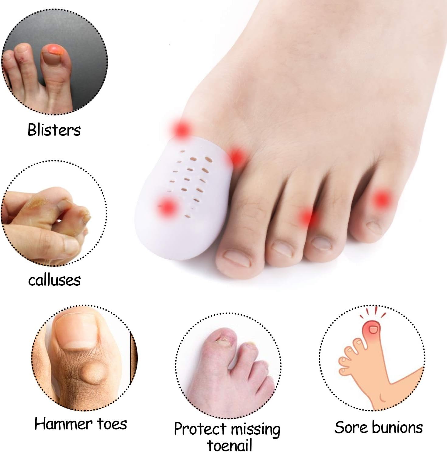 Big Toe Protector, 10PCS Breathable Gel Toe Cap Silicone Toe Cover Sleeves with Holes, Provides Relief from Missing or Ingrown Toenails, Corns, Blisters, Hammer Toes, Reduce Friction: Health & Personal Care