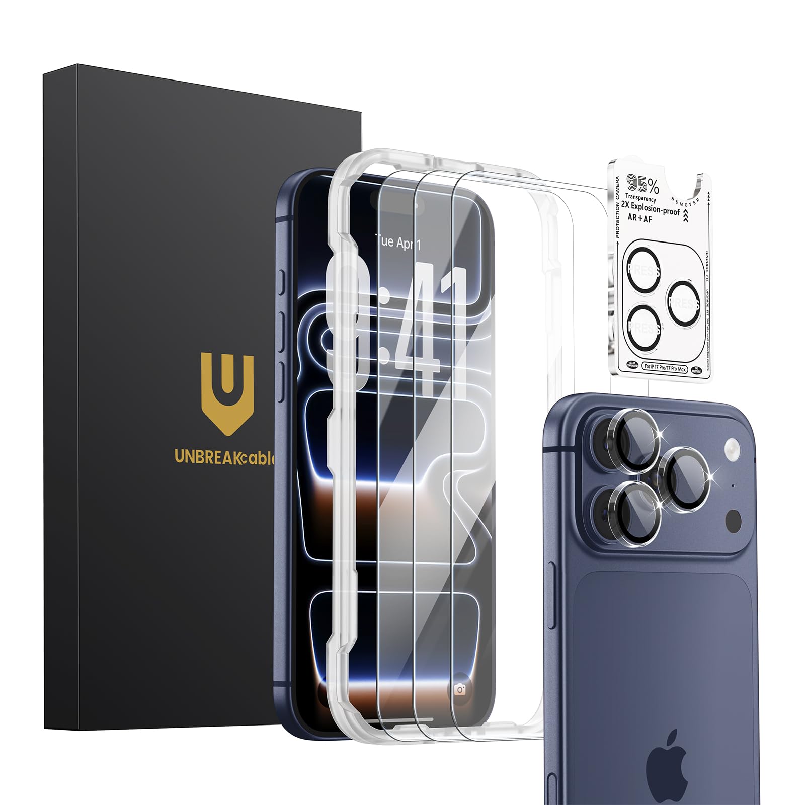 UNBREAKcable iPhone 17 Pro Max Screen Protector 3-Pack with Camera Protection | 9H Hardness | HD Clarity | Anti-Fingerprint | Case Friendly | 6.9 Inch | 3 Tempered Glass + 3 Camera Lens Protectors