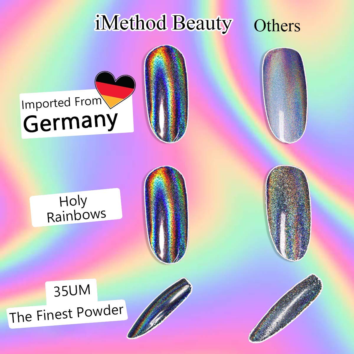Chrome Nail Powder by iMethod - Holographic Nail powder, Chrome Powder for Nails, Holo Nail Powder, Rainbow Unicorn Mirror Effect, Multi Chrome Manicure Pigment, 0.04oz/1g : Beauty