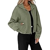 KARRESLY Women’s Cropped Jacket Stand Collar Long Sleeve Lightweight Casual Zip Up Outerwear Coat with Pockets
