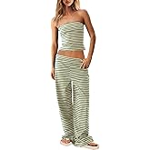 UNIANKIYA Womens Striped 2 Piece Lounge Set Strapless Tube Top and Wide Leg Pants Summer Beach Vacation Outfits Travel Set