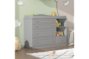 ST.MANDYU Grey Changing Table Dresser, Baby Nursery Dresser, Baby Diaper Changing Table, 5 Drawers, Adjustable Shelves, Metal Handle, Curved Wrapping Design, Grey
