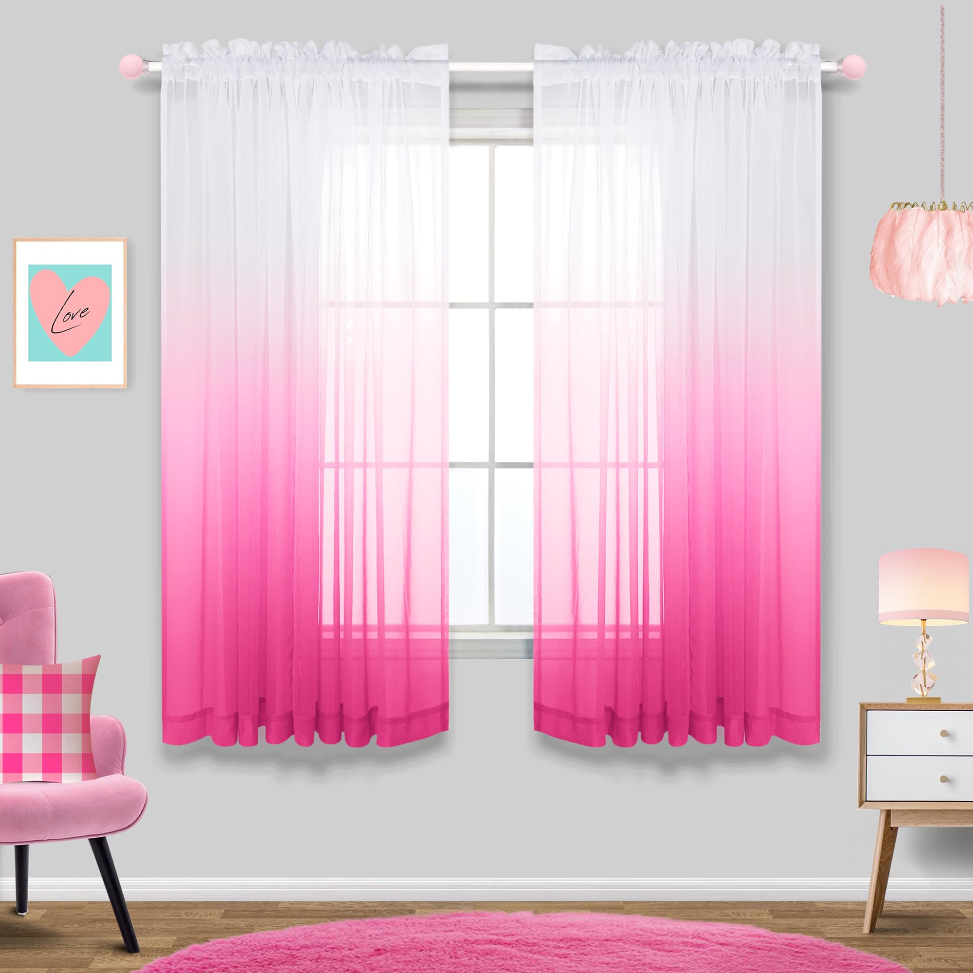 KOUFALL Pink Ombre Sheer Curtains, 2 Panels, W 52" x L 63", Living Room, Dining, Bedroom, Party, Wedding Decor
