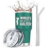 JENVIO Golf Gifts For Men | Worlds Okayest Golfer Insulated Stainless Steel Travel Tumbler Mug Including 2 Lids and 2 Straws | Funny Gag Cup Dad Father Husband Retirement Stuff Valentine's Day Gift