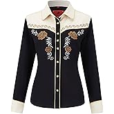 DIFICIL SLOG Women's Embroidered Western Cowgirl Snap Button Down Shirt with Stretch Long Sleeve Loose Blouse