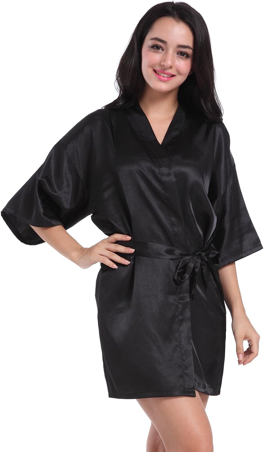 SIMJOY Women's Satin Short Kimono Robe Plain Dressing Gown