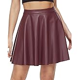 Fahsyee Leather Skater Skirt, Women's Black Pleated Plus Size Mini A-line Vegan Faux High Waist Casual Stretchy S-XXXL