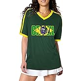 BVUSHM Brazil Shirt for Women Y2k Tops Short Sleeve T Shirts Brazil Jersey Contrast Binding V Neck Tee