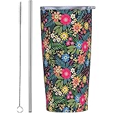 XUNNEECY Modern Floral Pattern Tumbler Cup with Lid and Straw, 20 oz Stainless Steel Insulated Travel Mug, Hot and Cold Water Bottle, Colorful Flower Souvenir for Men Women