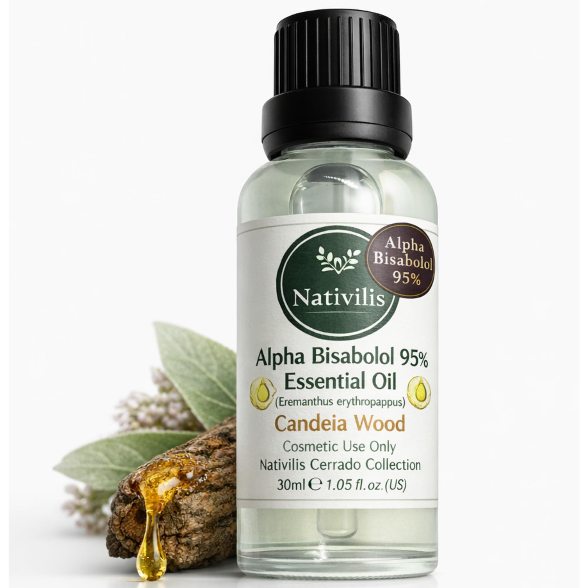 Nativilis Alpha Bisabolol 95% Essential Oil – Candeia Wood (Eremanthus erythropappus) – Skin Conditioning Botanical Oil – Lightweight Facial & Body Care – 30ml (1.05 fl oz)
