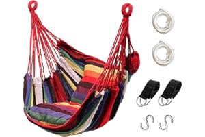 Hommtina Hammock Chair Hanging Rope Swing, Max 300 Lbs Hanging Chair with Pocket & Durability Perfect for Outdoor, Home, Bedroom, Patio, Yard (Pillows NOT Included,Colorful)
