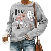 Halloween Ghost Sweatshirt Women Cute Vintage Graphic Spooky Season Tshirt Casual Loose Long Sleeve Pullover Tops